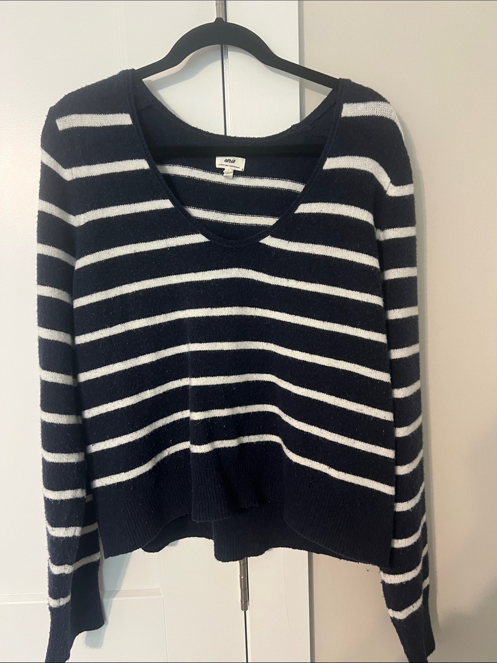 aerie Striped V-Neck Sweater in Navy & White